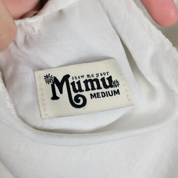 Show Me Your Mumu Solid White Kaitlin  Ruffle Tie Neck Mini Dress - Picture 7 of 12